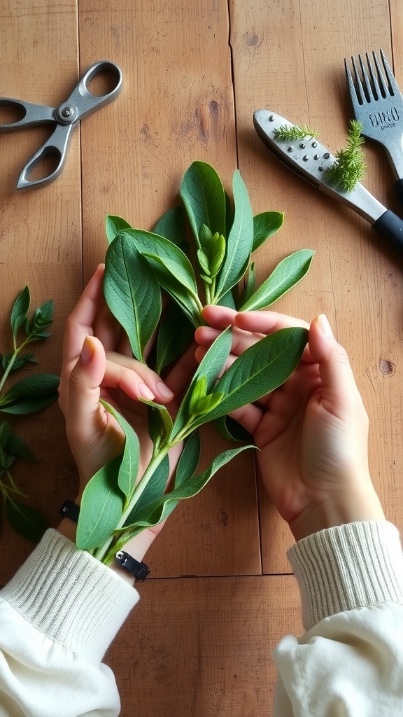 A person holding sage cuttings with trimmed bottom leaves, scissors and gardening tools in the background.