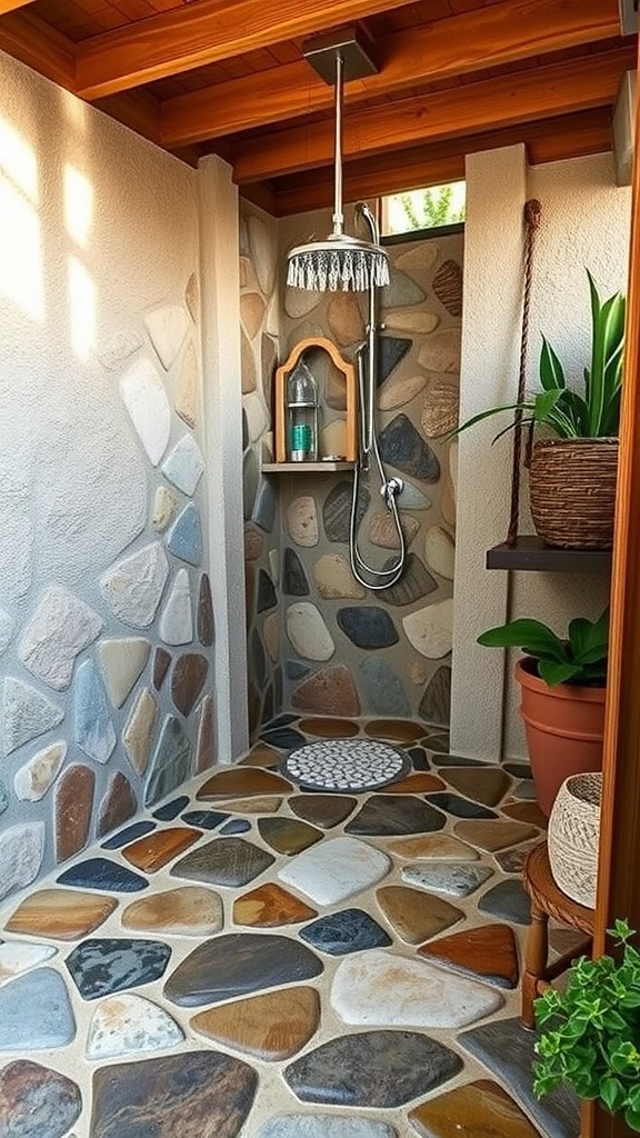 A rustic outdoor shower with river rock flooring, featuring natural stones and potted plants.