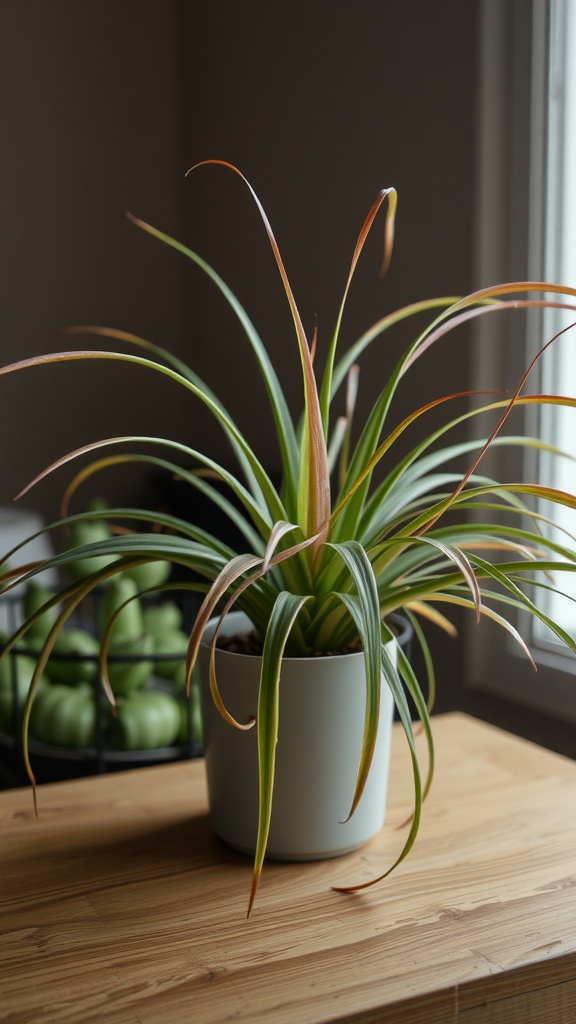 A spider plant with visible roots on dark soil next to a bottle of nutrient supplement.