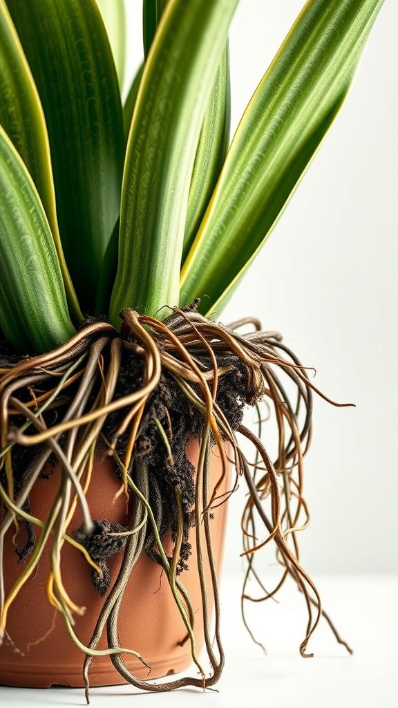 A close-up of a snake plant with visible roots growing out of a pot, indicating it may be root bound.