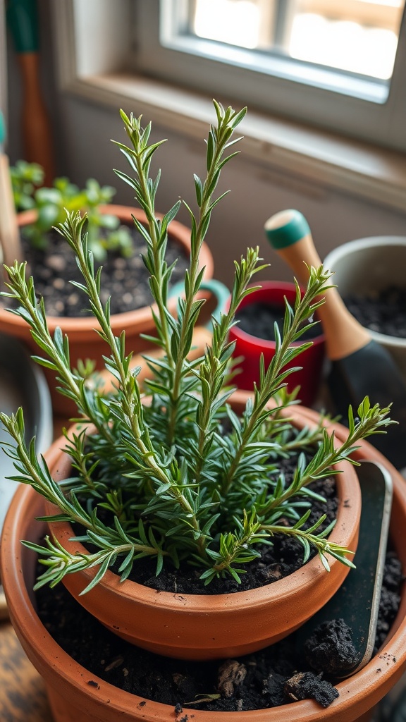 A healthy rosemary plant in a terracotta pot, surrounded by gardening tools and other plants.