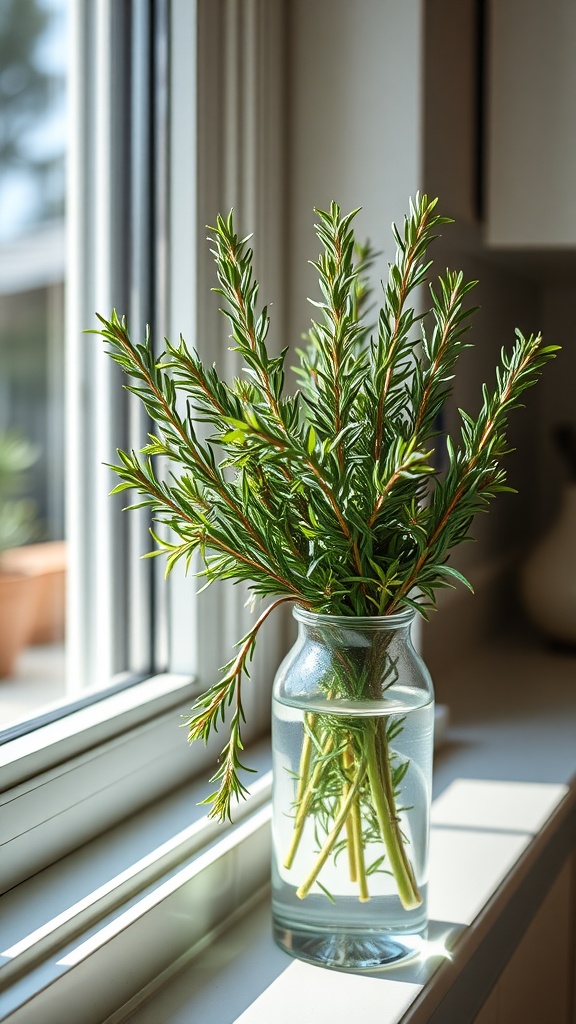 A sprig of rosemary in a clear vase filled with water, sitting on a windowsill.