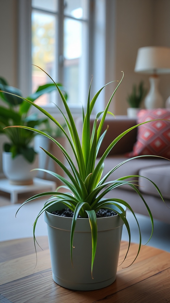 Person caring for a spider plant in a stylish pot