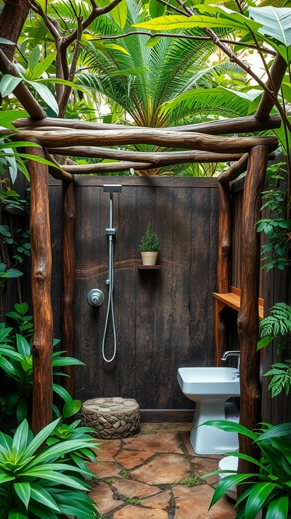 Outdoor shower with rustic cedar wood paneling surrounded by greenery