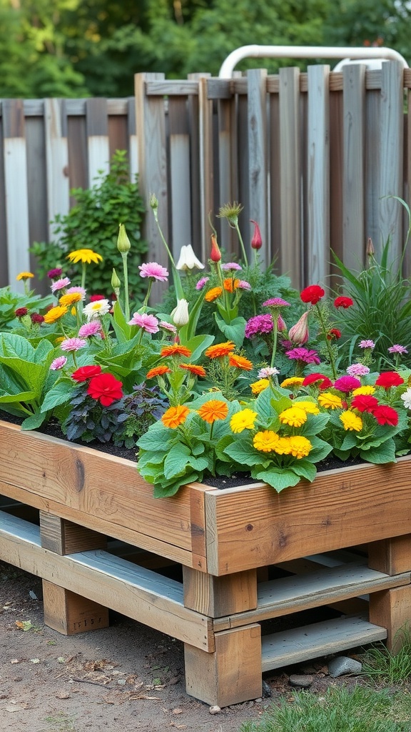 A rustic pallet raised bed filled with colorful flowers in a garden setting.