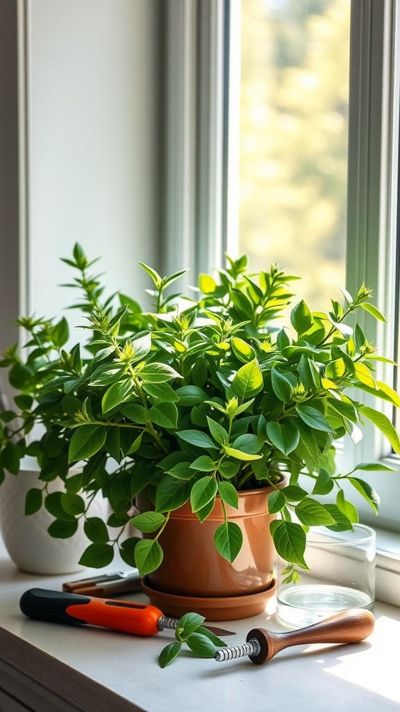 A healthy sage plant by a window with gardening tools nearby.