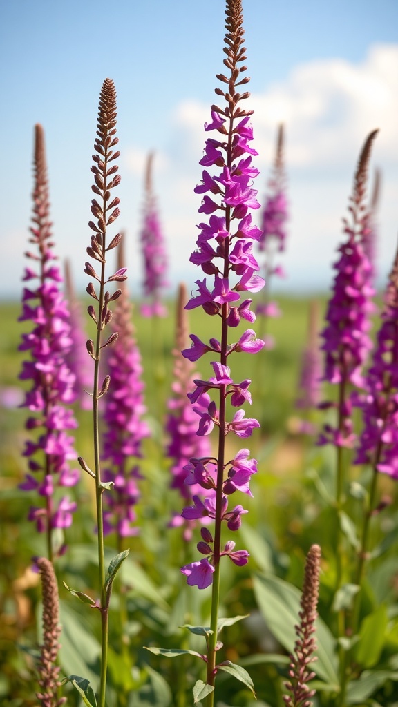 Tall purple salvia flowers standing in a sunny garden