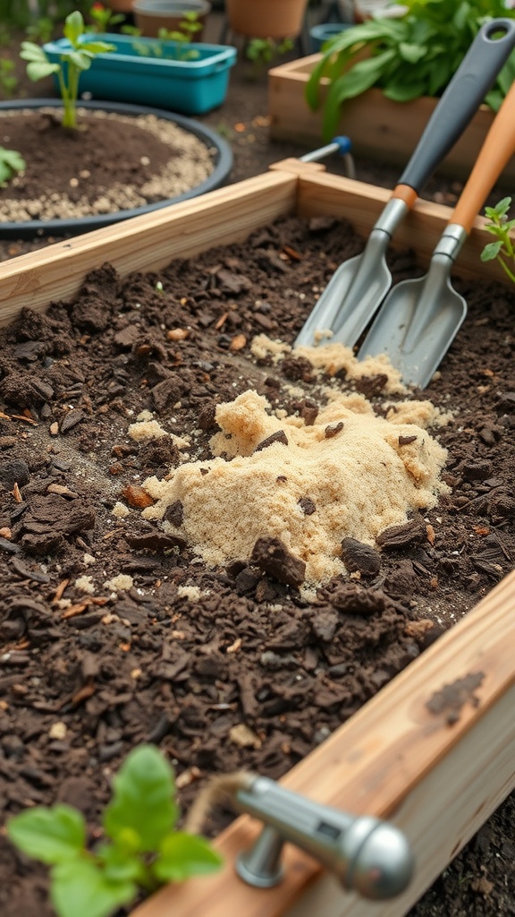 Raised garden bed with sand and soil mixture, surrounded by gardening tools and plants