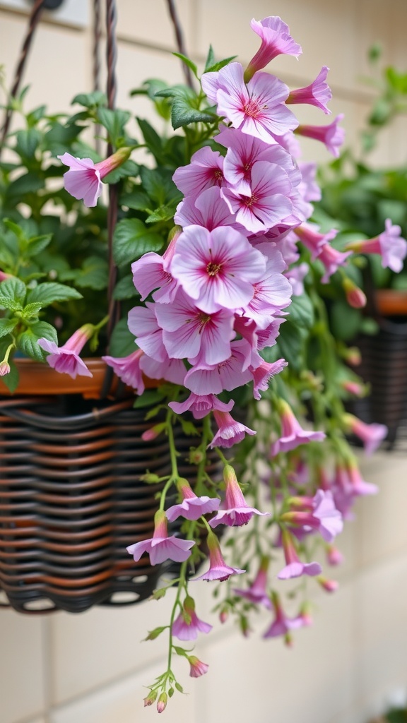 A beautiful hanging basket filled with blooming Scaevola flowers, showcasing delicate purple and pink petals.