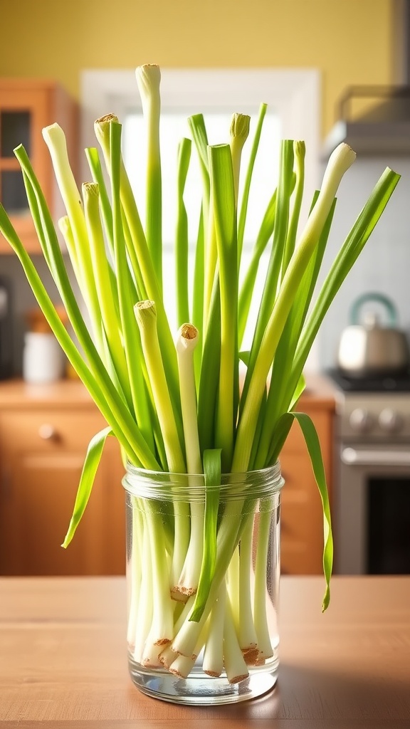 A jar filled with fresh scallions growing in water, set against a kitchen background.