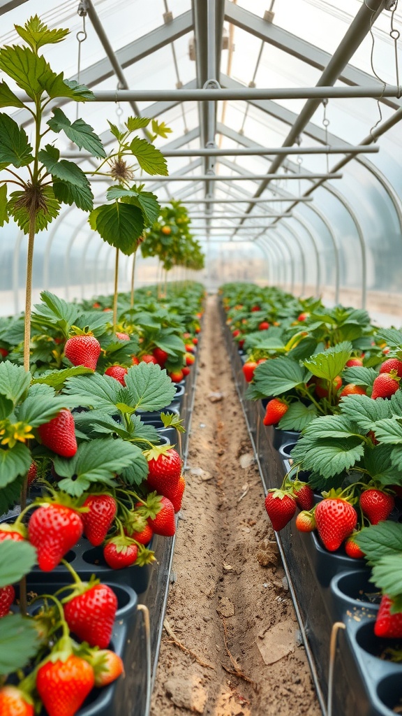 A greenhouse filled with strawberry plants in pots, showcasing ripe strawberries and healthy green leaves.