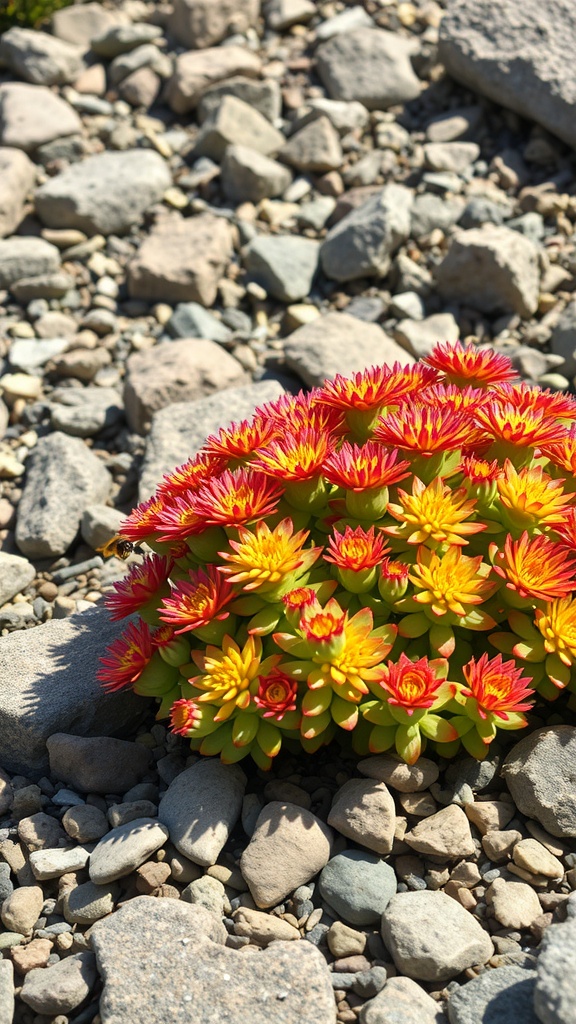 Close-up of colorful sedum flowers in a rocky landscape