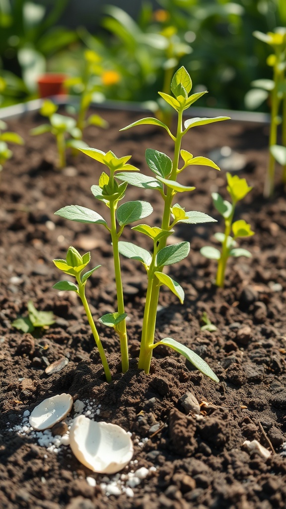 Young seedlings growing in soil with crushed eggshells nearby.