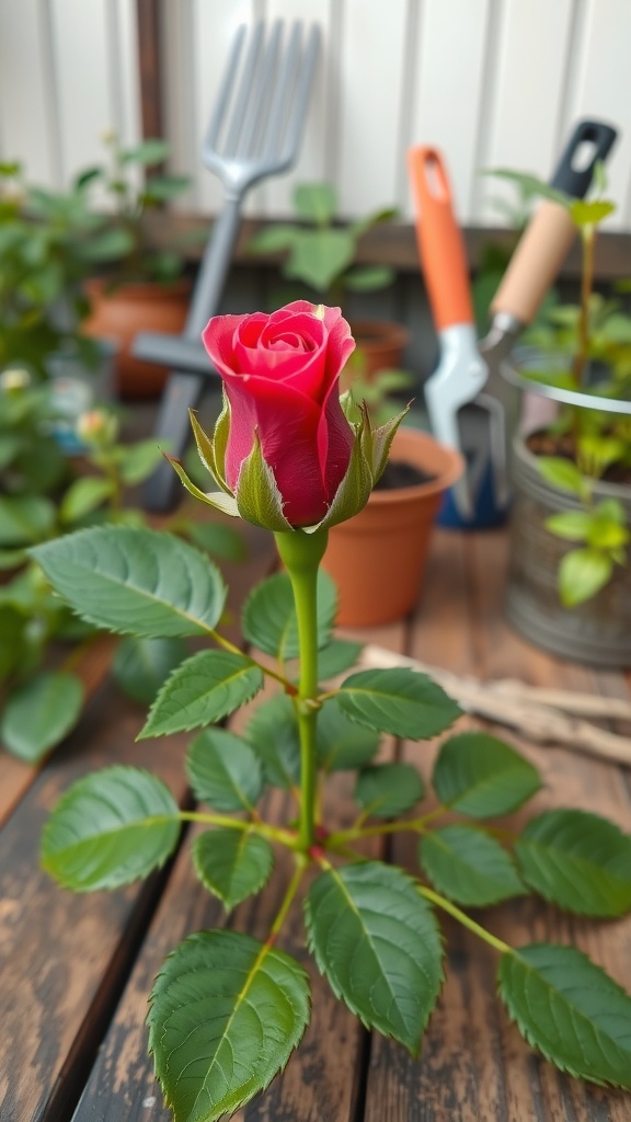 A healthy rose stem with vibrant leaves, ideal for propagation.