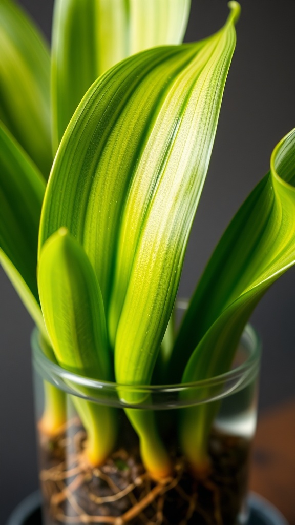 Healthy green leaves of a snake plant in a glass container with roots