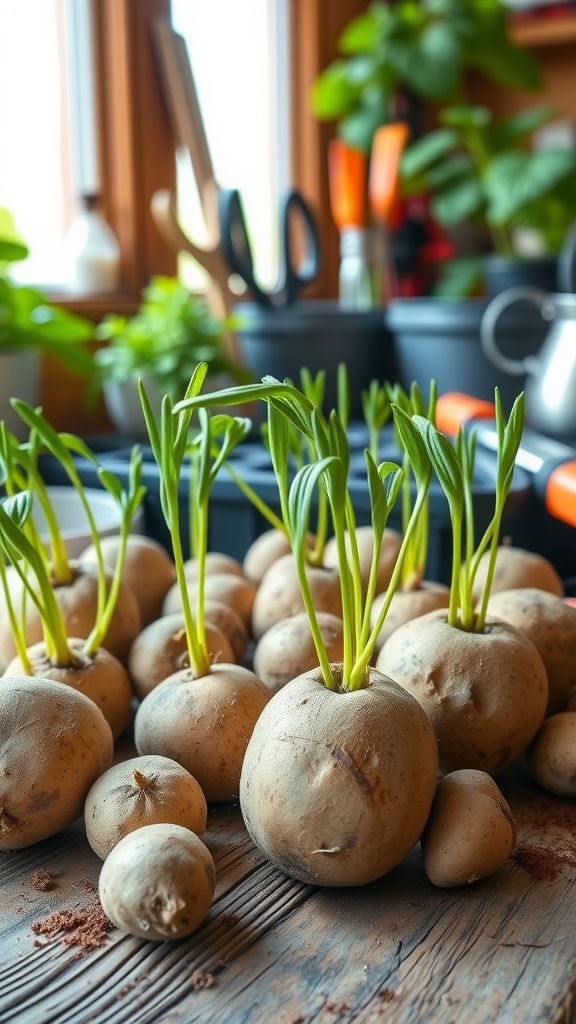 A collection of seed potatoes with green sprouts, showcasing healthy chitting.