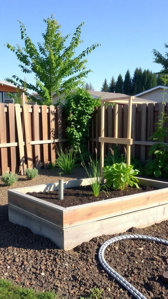 A raised garden bed made of wooden planks surrounded by green plants and a fence.