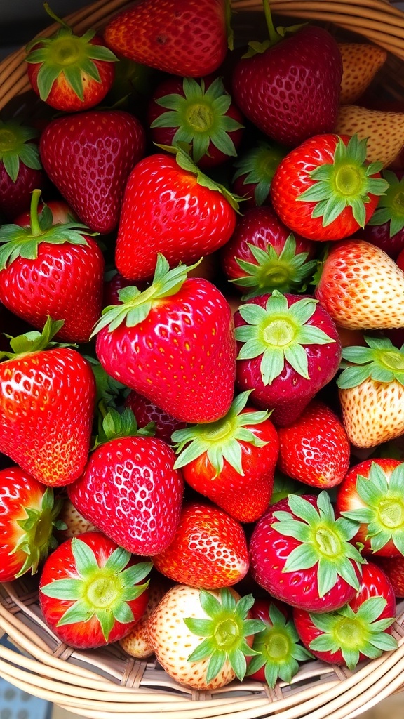 A basket filled with various ripe strawberries showcasing vibrant colors and green leaves.