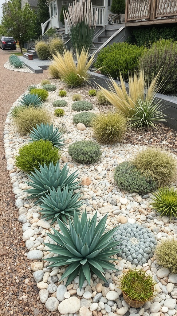 Garden featuring stone aggregate edging, various plants, and decorative elements.