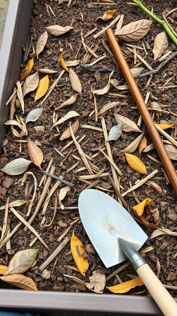 A raised garden bed filled with shredded leaves and grass clippings, with a small shovel placed inside.