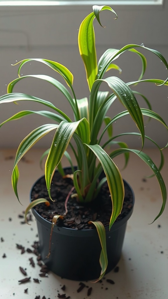 A spider plant with vibrant leaves, showing signs of overwatering with brown tips.