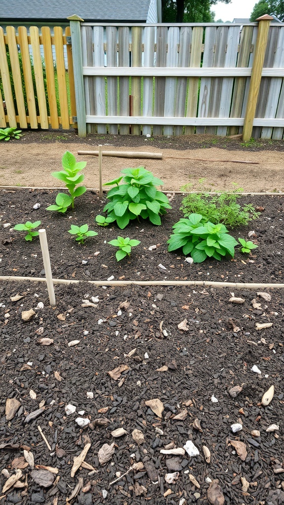 Healthy raised bed garden with mulch covering the soil and various green plants growing.