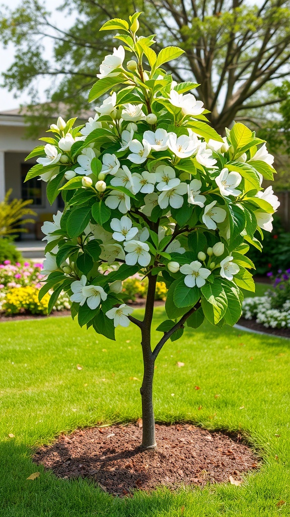 A Small Ornamental Pear tree with white flowers in a green yard