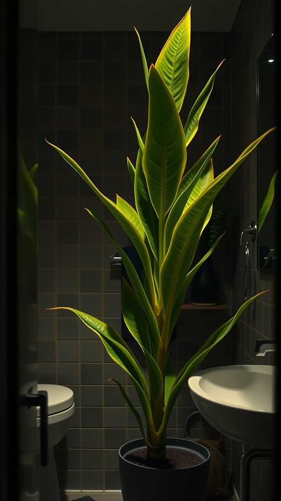 A tall snake plant in a bathroom setting, showcasing its vibrant green leaves against a modern decor.