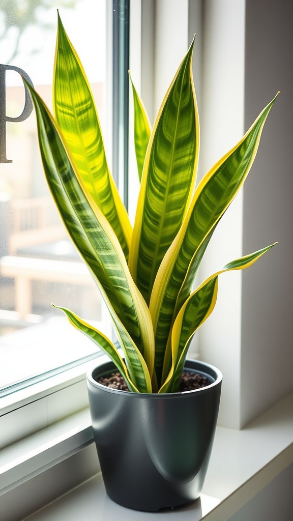 A vibrant Snake Plant with green and yellow leaves in a black pot by a window.