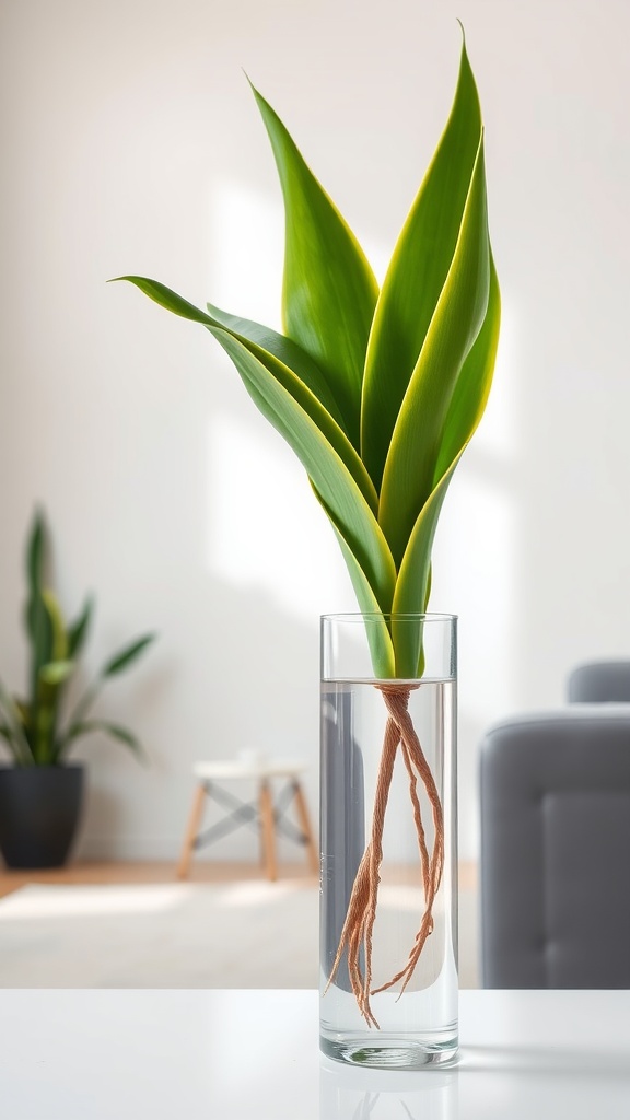 A Snake Plant in a clear vase with water, showcasing its long green leaves and roots.