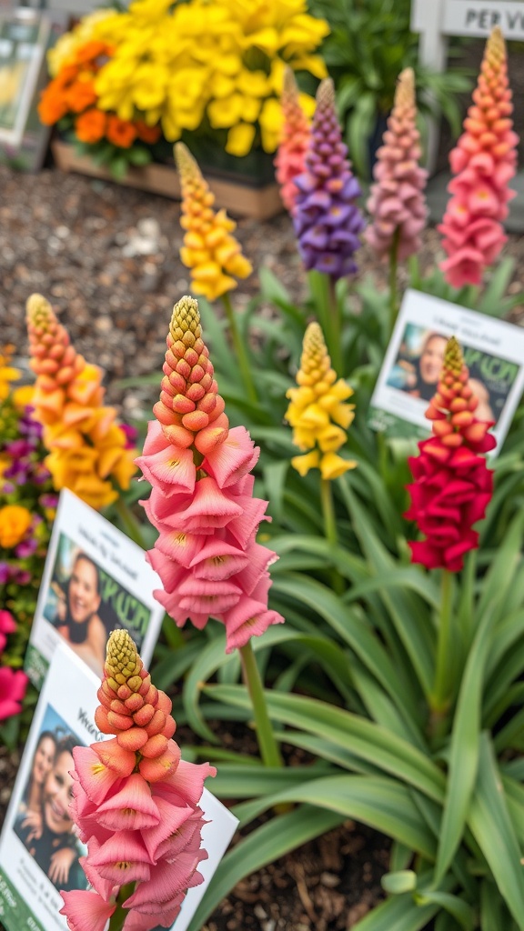 Colorful snapdragon flowers in a garden setting with various bright colors and green leaves.