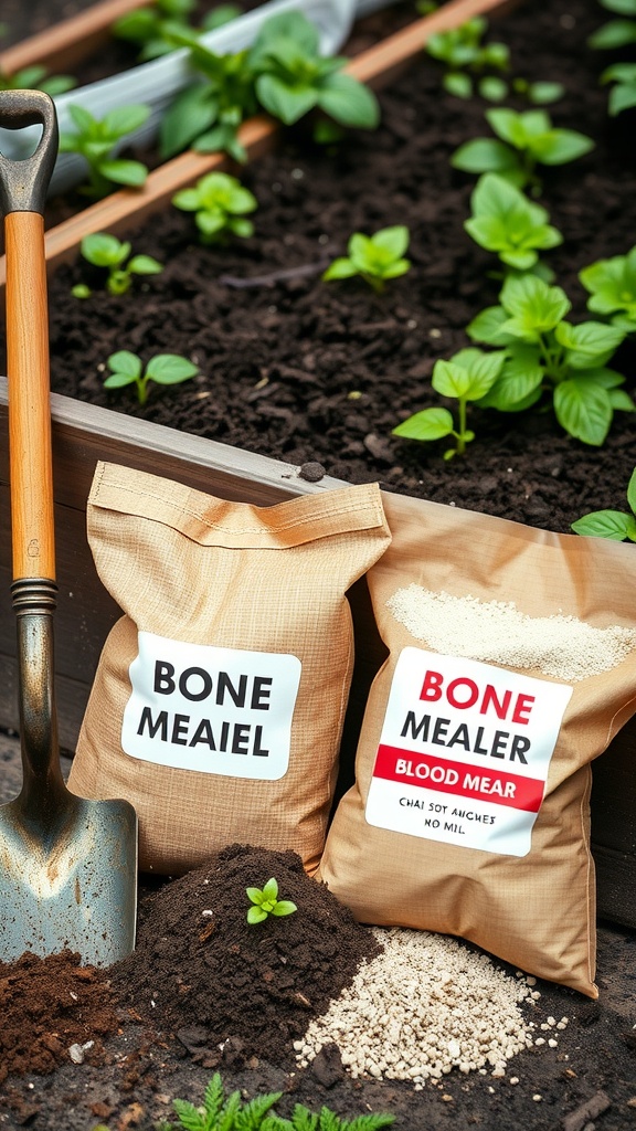 Bags of bone meal and blood meal next to a shovel, with green plants growing in a raised garden bed.