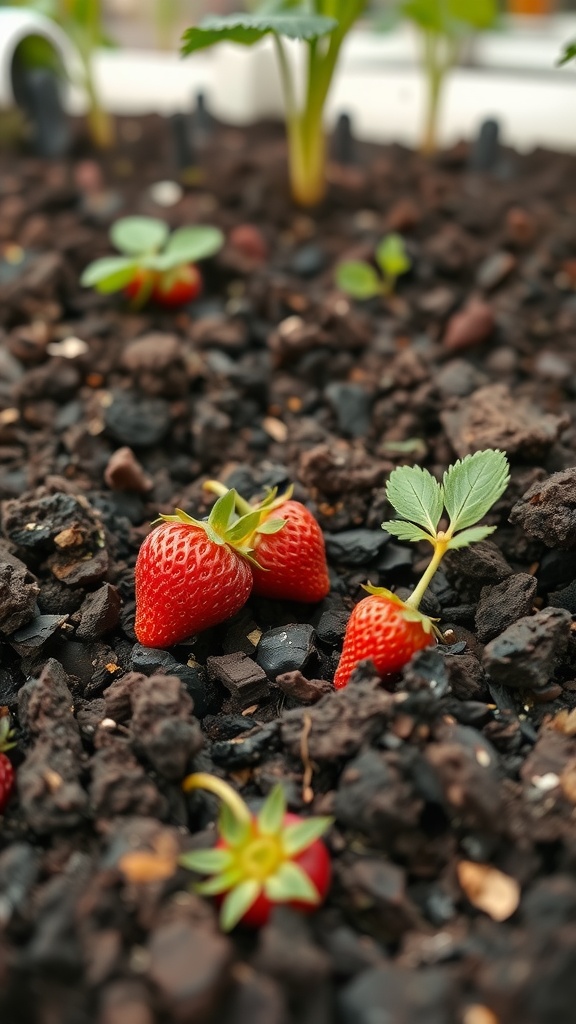 Fresh strawberries growing in rich soil with small green plants around them