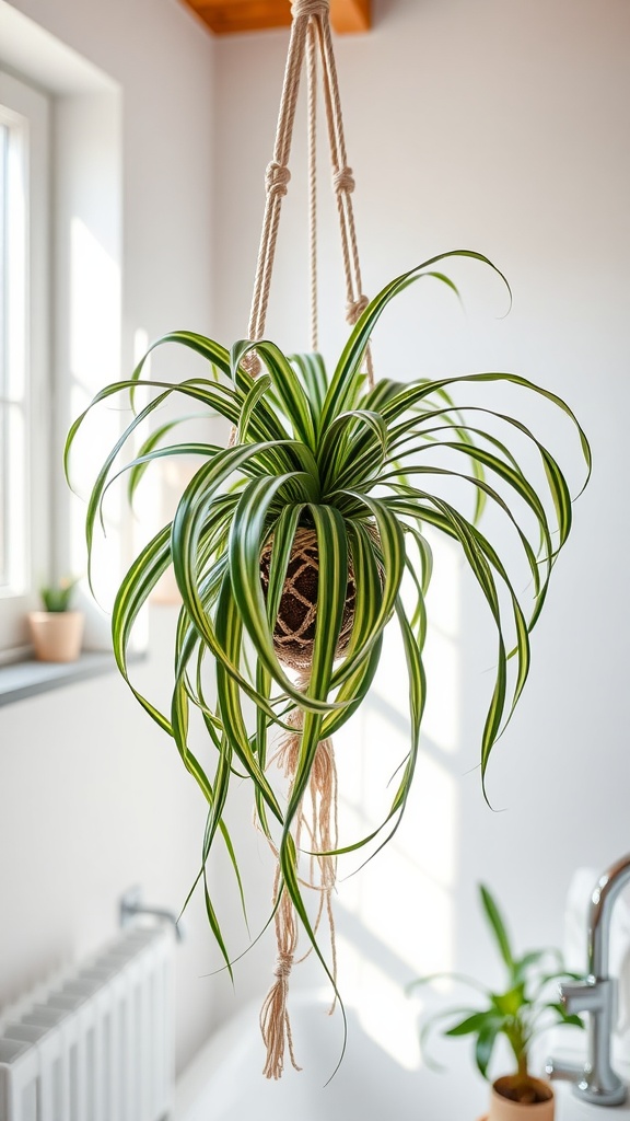 A hanging Spider Plant with long green leaves in a bright bathroom.