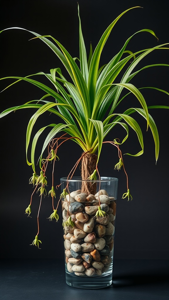 A Spider Plant in a clear glass vase filled with pebbles, showcasing its long green leaves and visible roots.