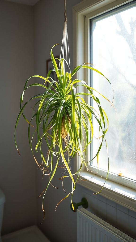 A vibrant spider plant hanging by a window in a bathroom.