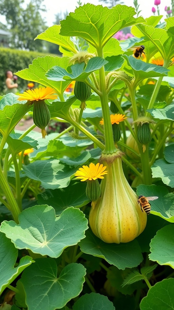 A squash plant with yellow flowers and a bee, showcasing companion planting.