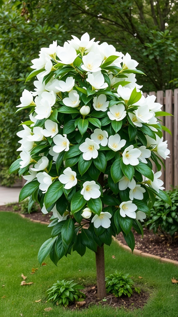 A flowering Stewartia tree with white blossoms and lush green leaves