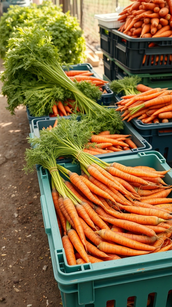 Freshly harvested carrots in green crates ready for storage