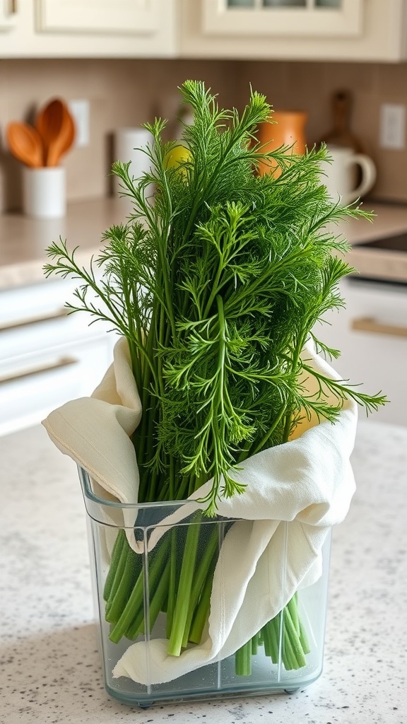 Freshly harvested dill placed in a transparent container with a cloth.