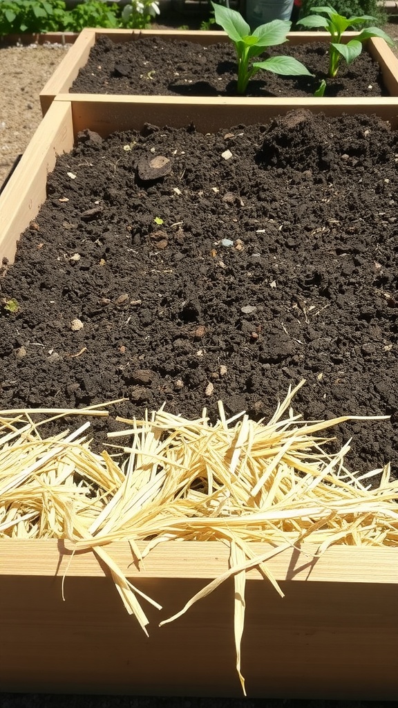 A raised garden bed with a layer of straw on the bottom, showing rich soil and young plants.