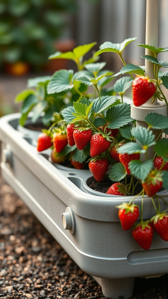 A close-up of a modern strawberry planter with ripe strawberries and lush green leaves, showcasing a built-in irrigation system.