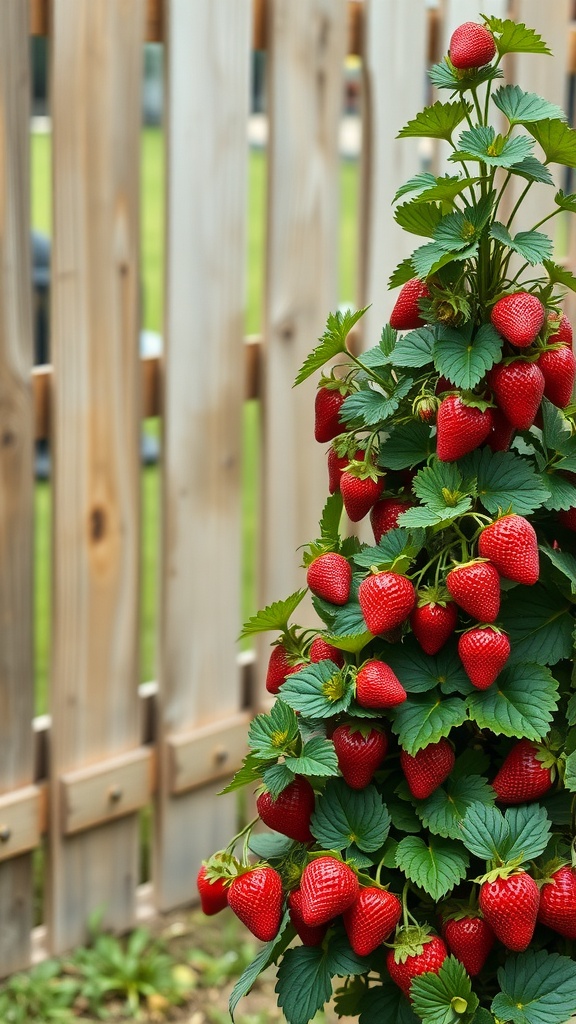 A tower with strawberries growing on it, surrounded by green leaves and a wooden fence in the background.