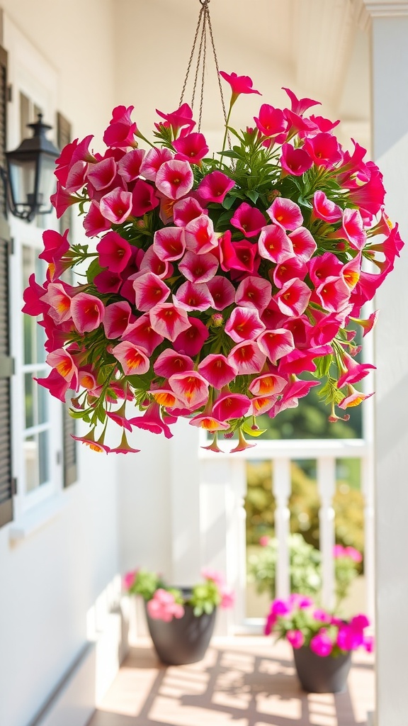 A vibrant hanging basket filled with pink Calibrachoa flowers on a porch.