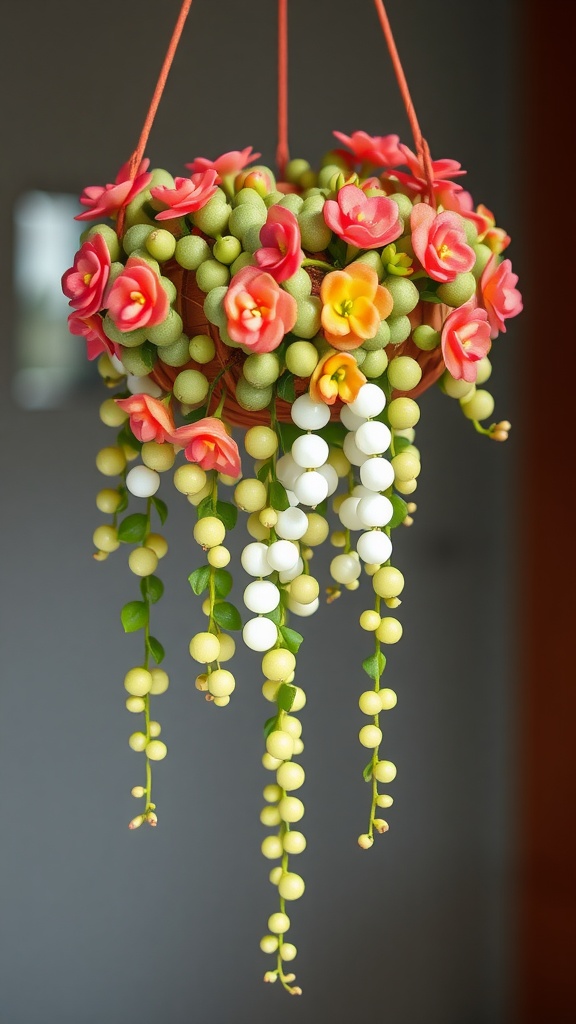 A hanging basket adorned with vibrant flowers and cascading green beads resembling pearls, showcasing the String of Pearls plant.