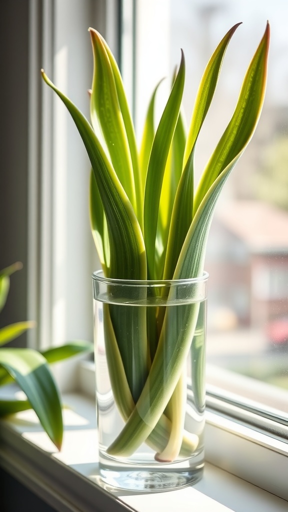 A Snake Plant cutting submerged in water, placed on a windowsill