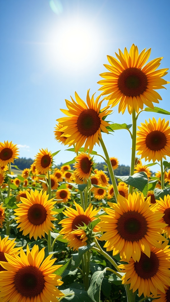 A field of sunflowers under a bright blue sky