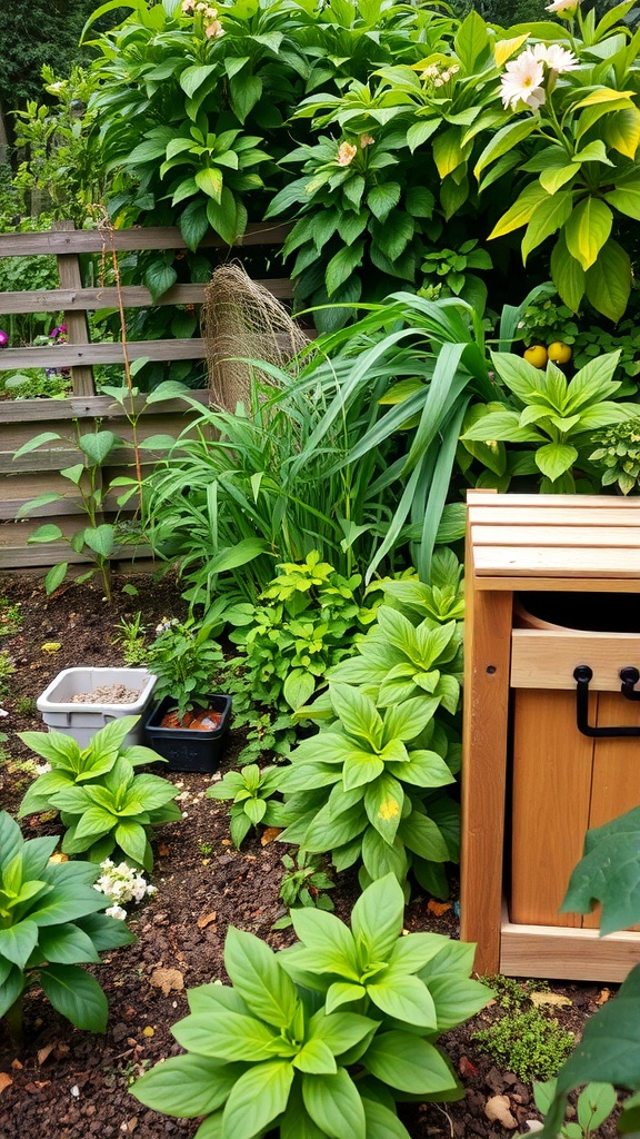 A vibrant garden with lush plants, a composting area, and rich soil, illustrating sustainable gardening practices.