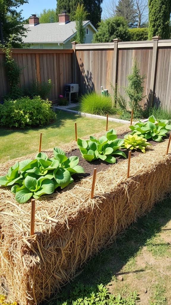 Image of a straw bale garden with lush green plants growing on top, demonstrating a sustainable gardening method.