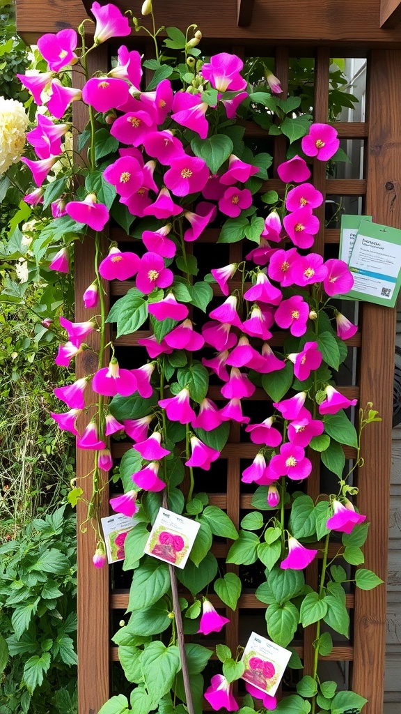 A vibrant display of pink sweet pea flowers climbing a wooden trellis.